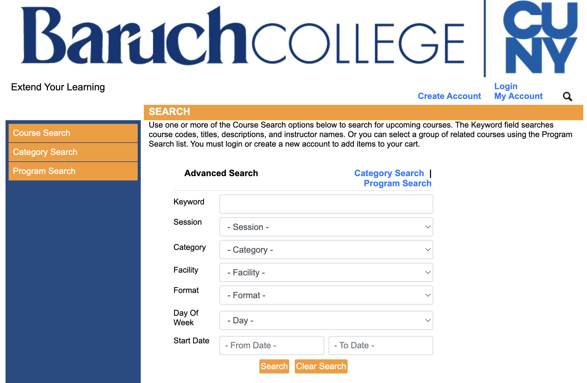 screenshot of Baruch online portal